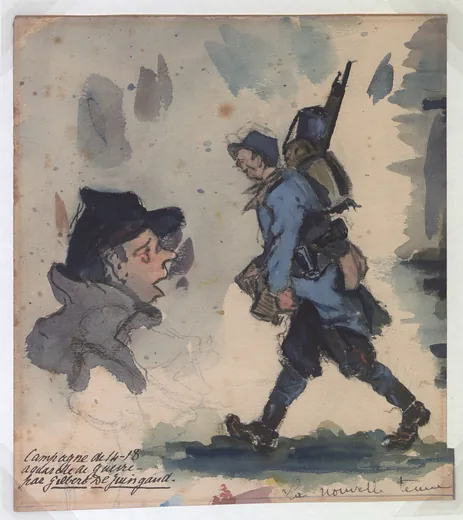 Aquarelle montrant un soldat français revêtant la tenue bleu horizon