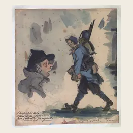Aquarelle montrant un soldat français revêtant la tenue bleu horizon