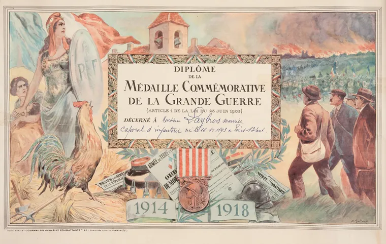Diplôme illustré de la médaille commémorative de la Grande Guerre