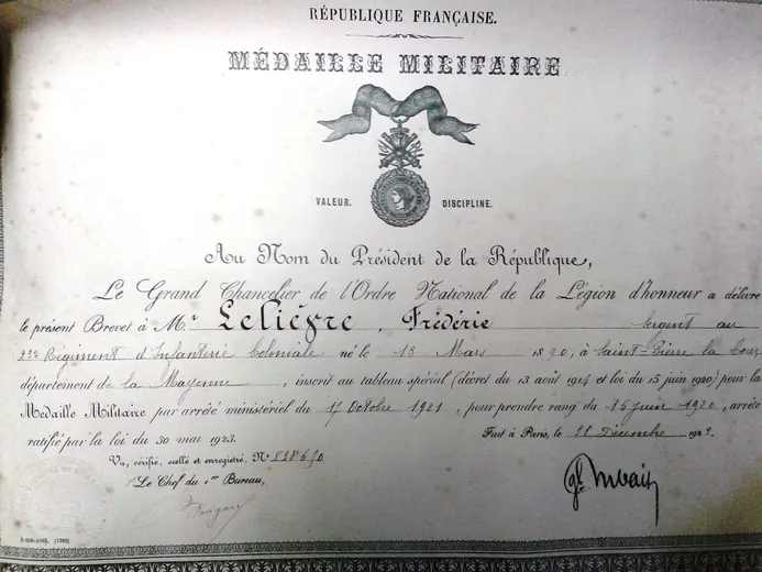 Brevet de la médaille militaire de Frédéric Lelièvre