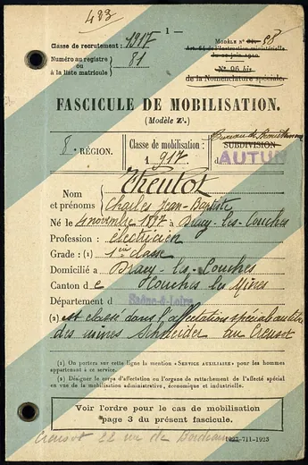 Fascicule de mobilisation de Charles Theulot indiquant sa classe de recrutement 1917 et son numéro matricule 81