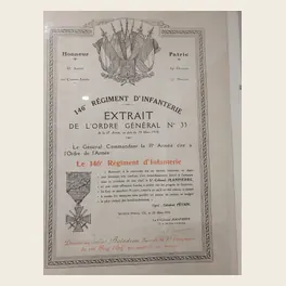 Diplôme de citation collective du 146e régiment d'infanterie à l'ordre de l'armée, 19 mars 1916, avec une croix de guerre dessinée